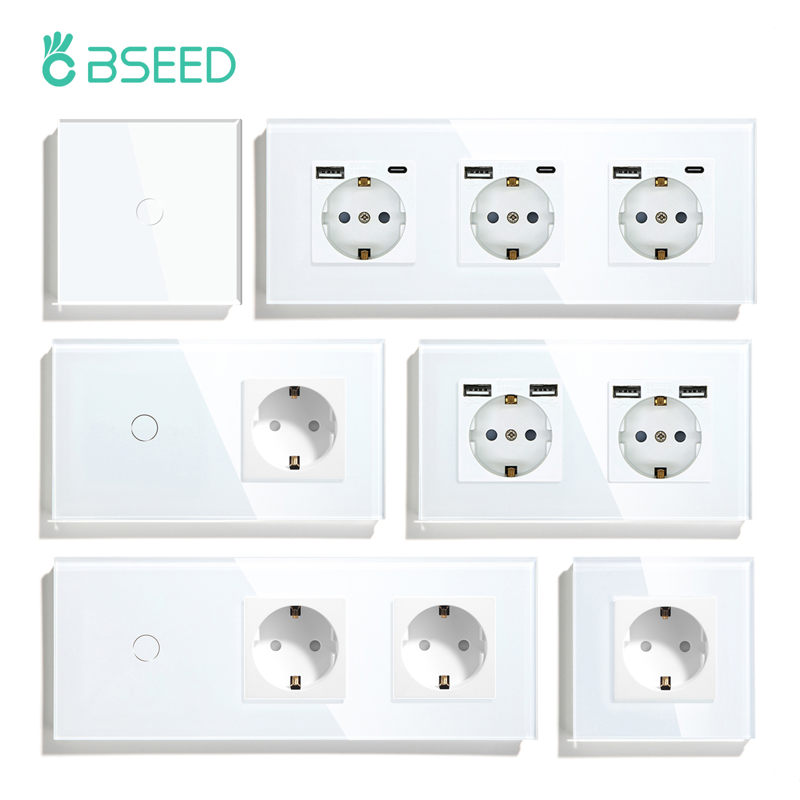 BSEED Einzelsteckdose EU-Wandsteckdosen Doppelsteckdosen USB Typ-C Telefonladegerät Glaspanel 1-Wege-Wandtastschalter Kinderschutz