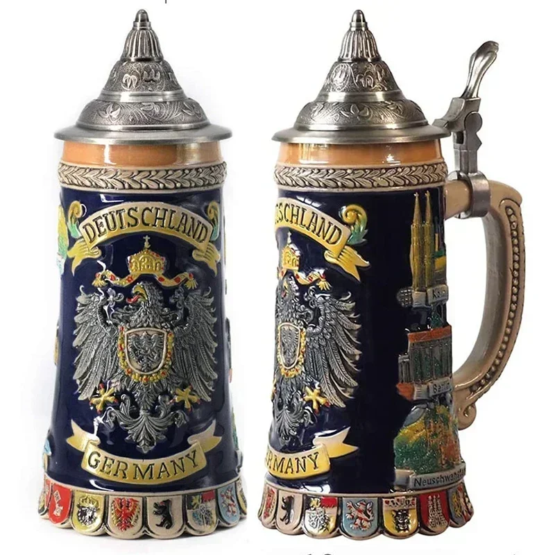 Boccali da birra da 600 ml Grande capacità Germania Segno geometrico Boccale da birra classico Tazza Tankard in acciaio inossidabile 3D e resina Miglior regalo per i fan
