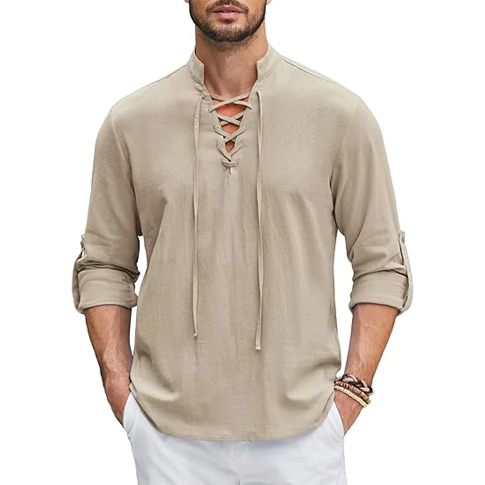 Camicia da Uomo Rinascimentale, Top Medievale Vichingo da Pirata, Camicie in Cotone e Lino a Maniche Lunghe, Costume di Halloween