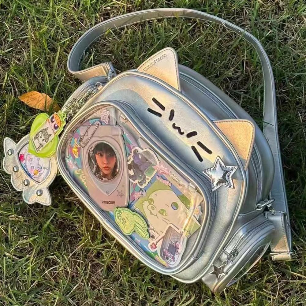 Y2K-Bolso cruzado de PU con estampado de gato Kawaii para mujer, morral de hombro con bolsillo transparente, estilo coreano, japonés, a la moda