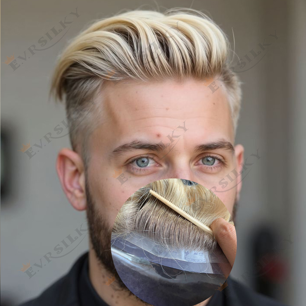 4T613 #   Rubio degradado, piel ultrafina, 0,06mm, peluquín para hombres, línea de cabello Natural indetectable, 100% cabello humano, sistema de reemplazo de cabello gris