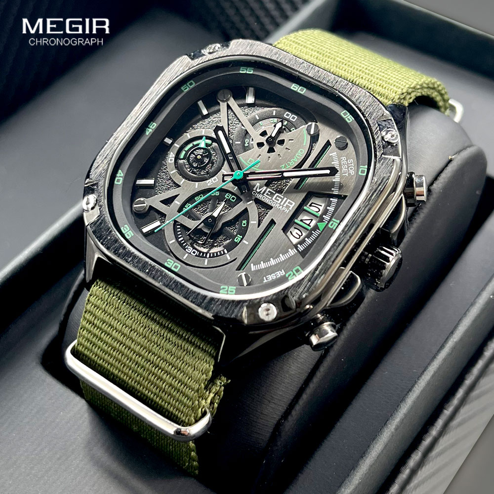Megir relógio de quartzo preto masculino, à prova d'água, mostrador quadrado, relógio de pulso com cronógrafo, pulseira de aço inoxidável, mãos luminosas, data automática
