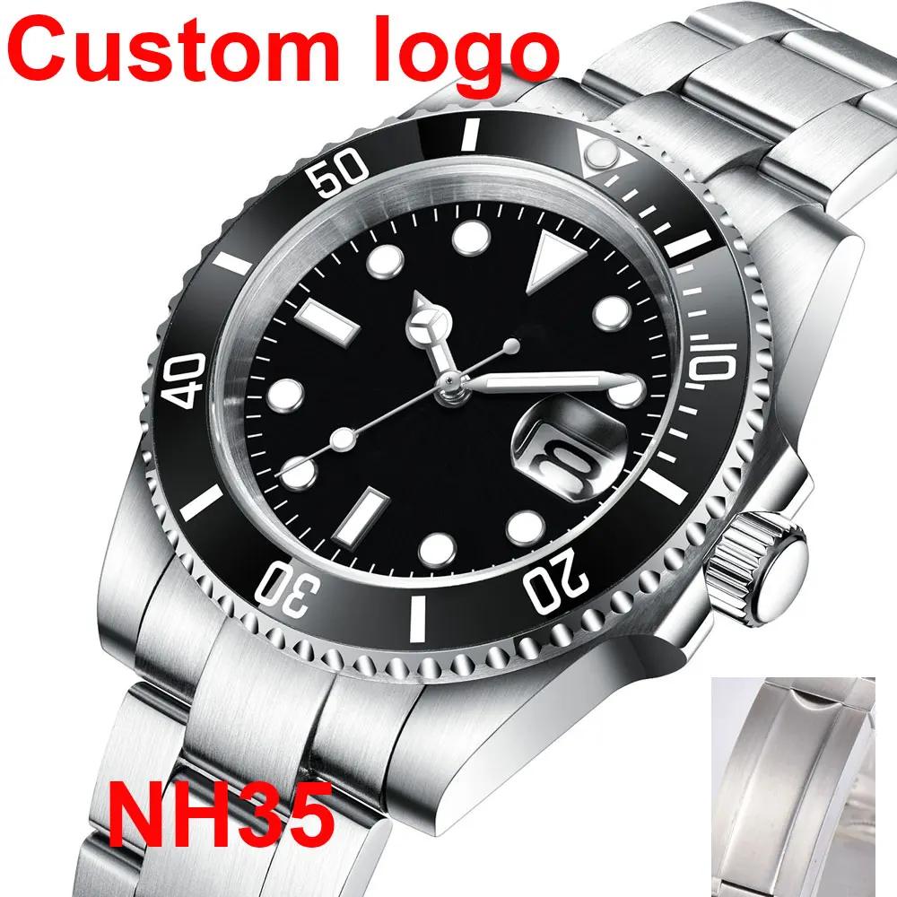 DIY โลโก้ที่กําหนดเอง 40MM Sapphire Miyota NH35 Mens นาฬิกาข้อมือปราศจากเชื้อเซรามิค 10Bar Luminous กีฬาชายนาฬิกา