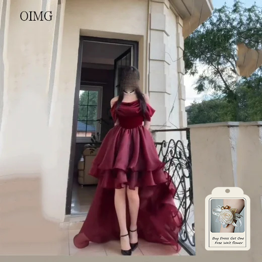 OIMG elegante Borgoña fuera del hombro asimetría vestidos de graduación sin espalda vestido de fiesta listo para Gala vestido de noche largo hasta el suelo personalizado
