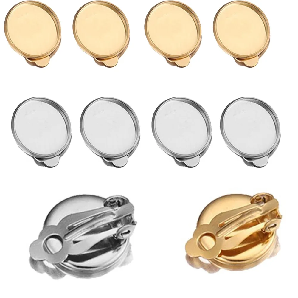 10Pcs 8/10/12/14mm Stainless Steel Round Ear Clip With Trays Bezels Setting Cabochon Bezel Base Earring Clips DIY Jewelry Making