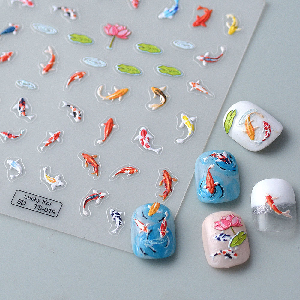 5D Koi stiker kuku ikan mas Hijau Lotus Kawaii penggeser kuku karper merah untuk manikur bantuan DIY akrilik kuku Aksesori ikan Decal