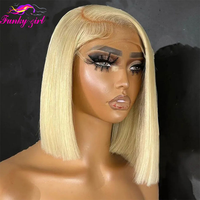 613 สีบลอนด์ BOB วิกผมผมมนุษย์ 13x4 โปร่งใสลูกไม้ด้านหน้าวิกผมผมมนุษย์ Pre Plucked ผมเด็ก 8-16 นิ้วสั้น BOB วิกผม