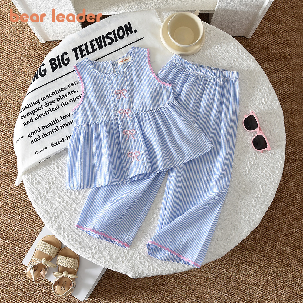 Urso líder moda cor bloqueada estilo coreano listrado meninas roupas verão arco impressão azul sem mangas topo e calças conjuntos criança