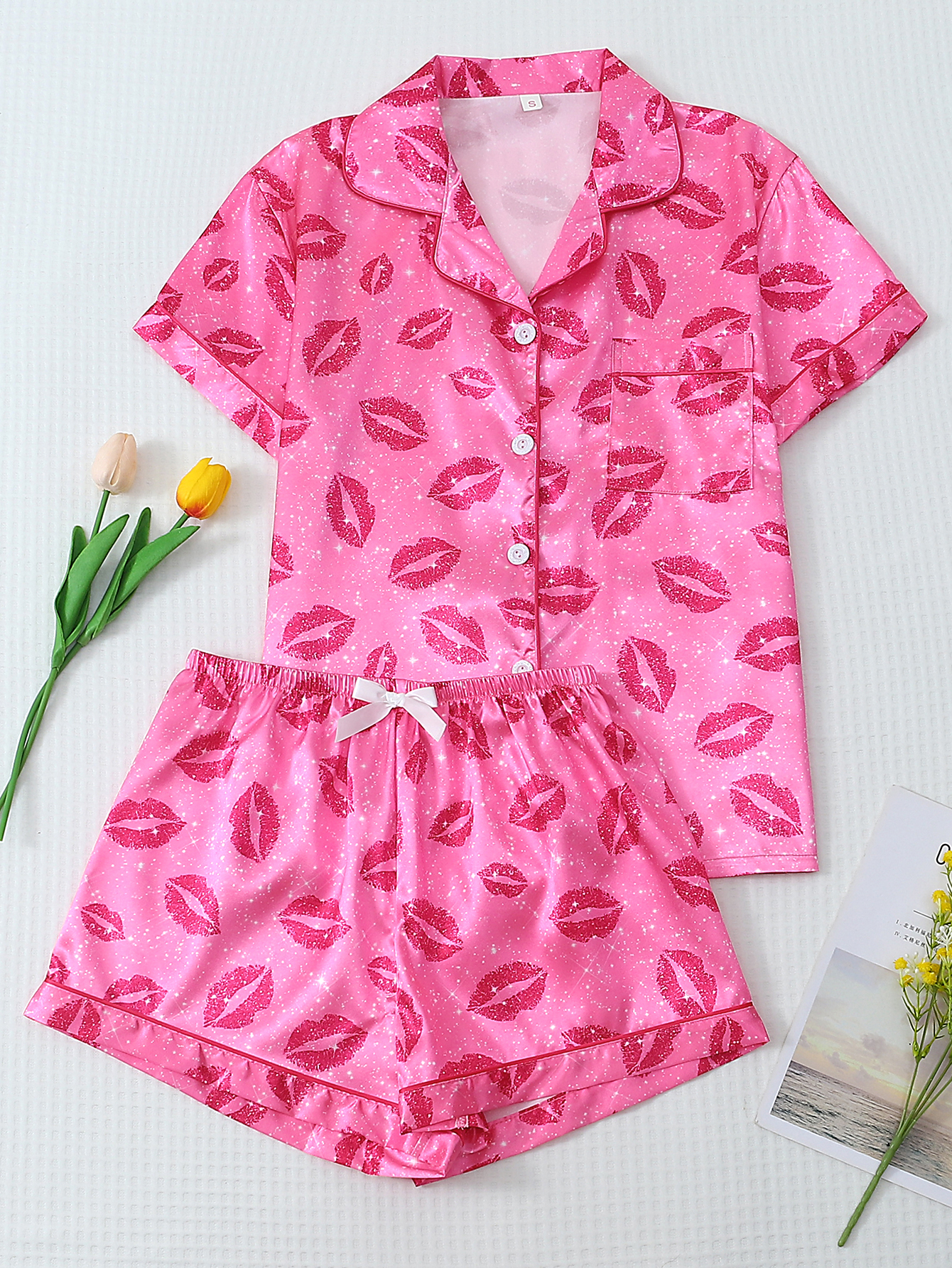 [Valentijnsdag] 2-delige satijnen pyjama met lipprint, shorts met korte mouwen, damespyjama, loungekledingset geschikt voor thuisgebruik