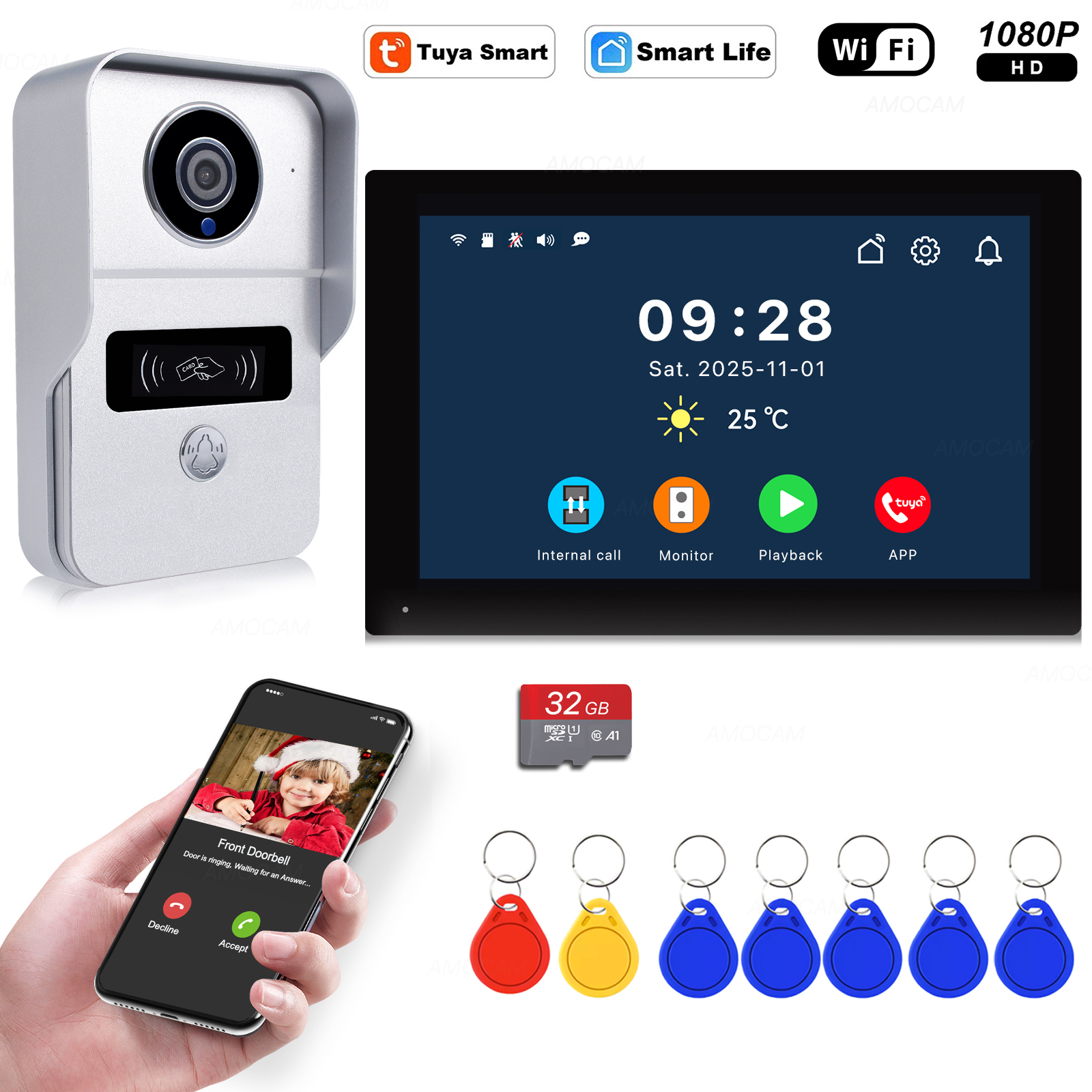 Sistema de campainha de vídeo wi-fi sem fio, câmera de porta de interfone 1080p, tela sensível ao toque de 7 espaços, cartão de vídeo porteiro de 32gb para casa 4 fios