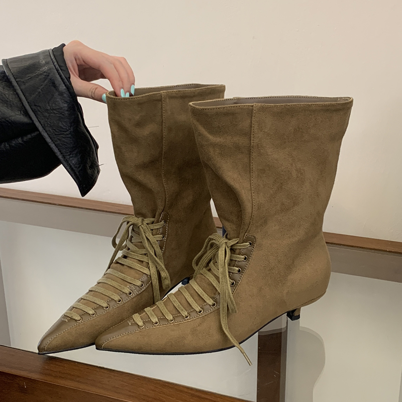 Eilyken Neue modische Damen-Stiefeletten mit überkreuzten Riemen und spitzer Zehenpartie, Herbst-Winter, bequeme, dünne, niedrige Absätze, Party-Kleiderschuhe
