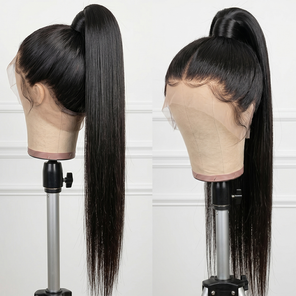 Peruca Smilegirl de Cabelo Humano 200 Densidade, Peruca 360 Full Lace de 30-38 Polegadas, Cabelo Remy Brasileiro Transparente Pré-Pluckado Liso, Peruca Frontal HD de Cabelo Humano para Mulheres, Cor Preto Natural