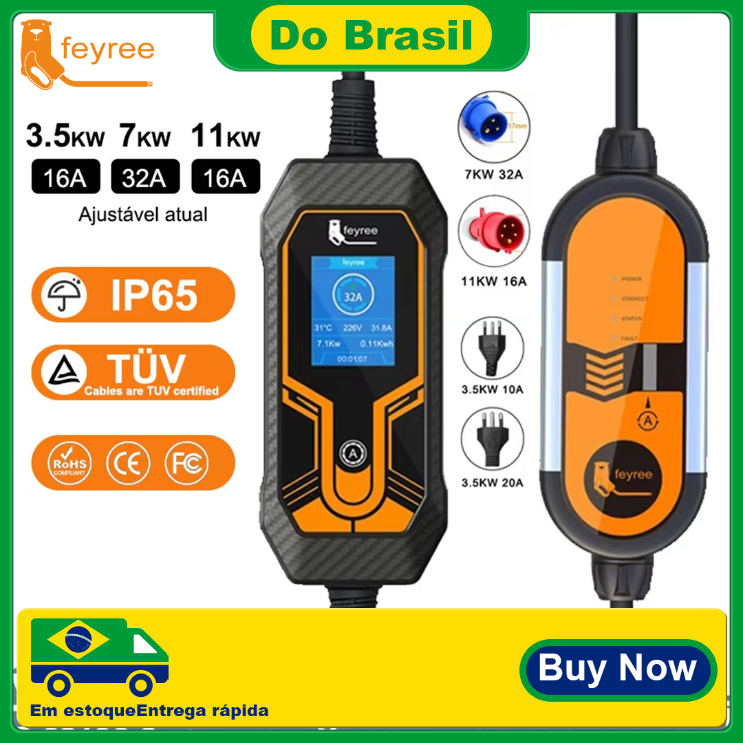 Feyree 32A 7KW Type2 EV Carregador Portátil 11KW 16A 3 Fase 5M Cabo EVSE Caixa de Carregamento Carregador de Carro Plugue CEE para Veículo Elétrico