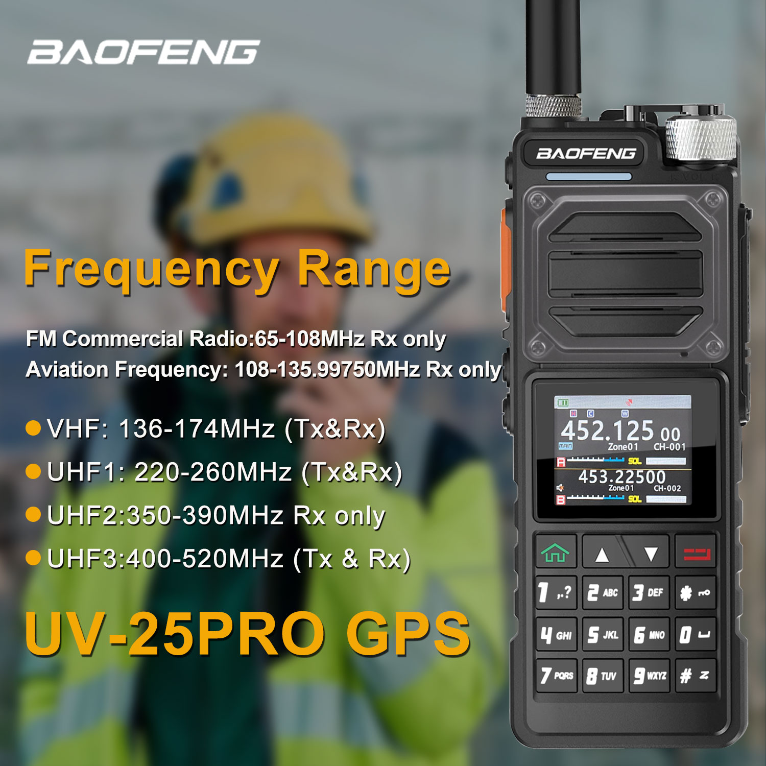 Baofeng UV-25PRO GPS Walkie Talkie 10W 1000Ch banda aérea multibanda FM Vox Radio bidireccional con batería recargable USB-C de 5200mAh