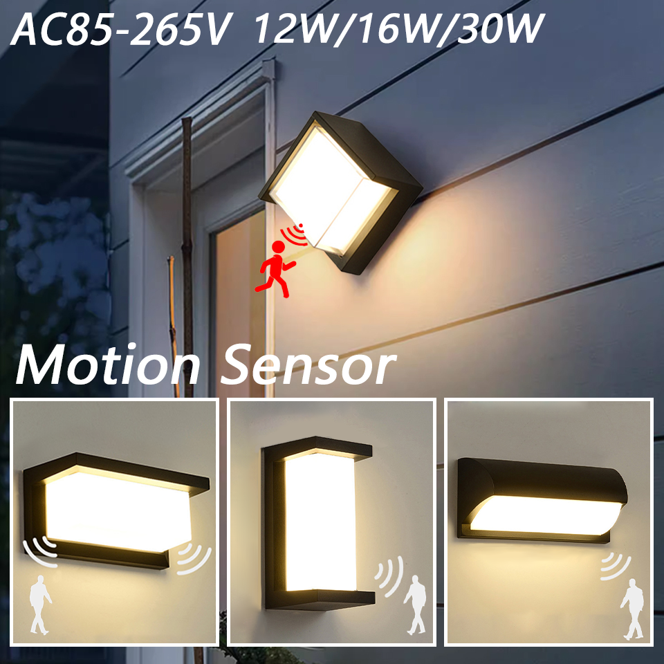 Luz LED de pared con Sensor de movimiento, AC85-265V 30W 16W 12W, lámparas de pared interiores montadas en superficie impermeables, sala de estar, porche y exteriores