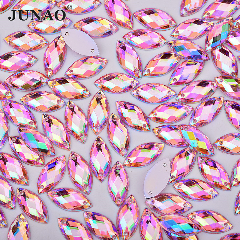 JUNAO 100 peças 7*15mm Strass Rosa AB para Costura, Pedras Olho de Cavalo de Base Plana, Cristais de Acrílico Soltos para Bordado