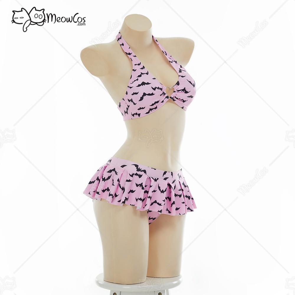 Meowcos feminino ondas noturnas gótico bat print maiô em forma de coração design superior e mini saia duas peças rosa bat maiô