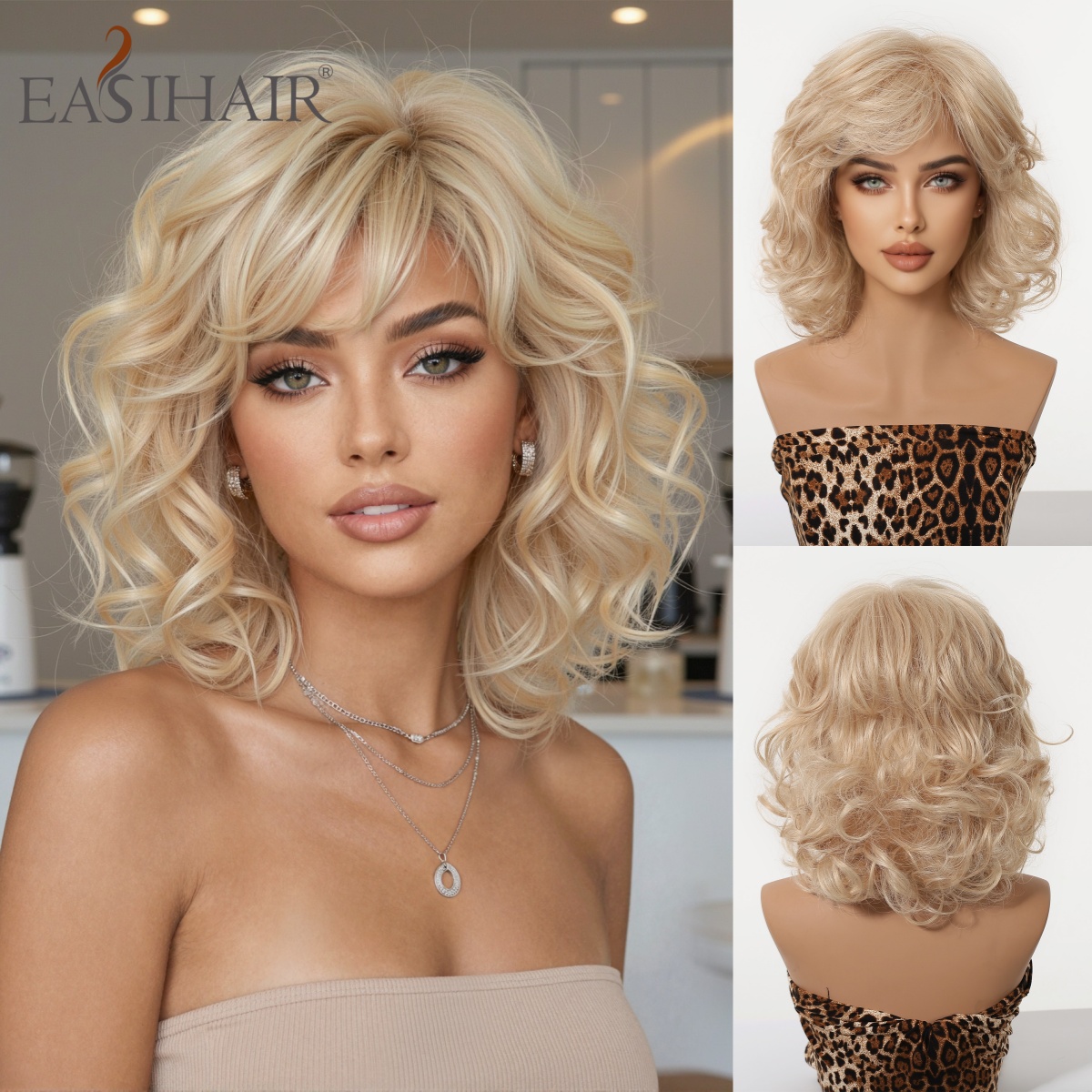 Peluca Corta Ondulada Estilo Bob Rubio Platino con Flequillo, Peluca de Fibra Sintética Resistente al Calor para Mujer, Aspecto Natural, para Uso Diario, Fiestas y Cosplay