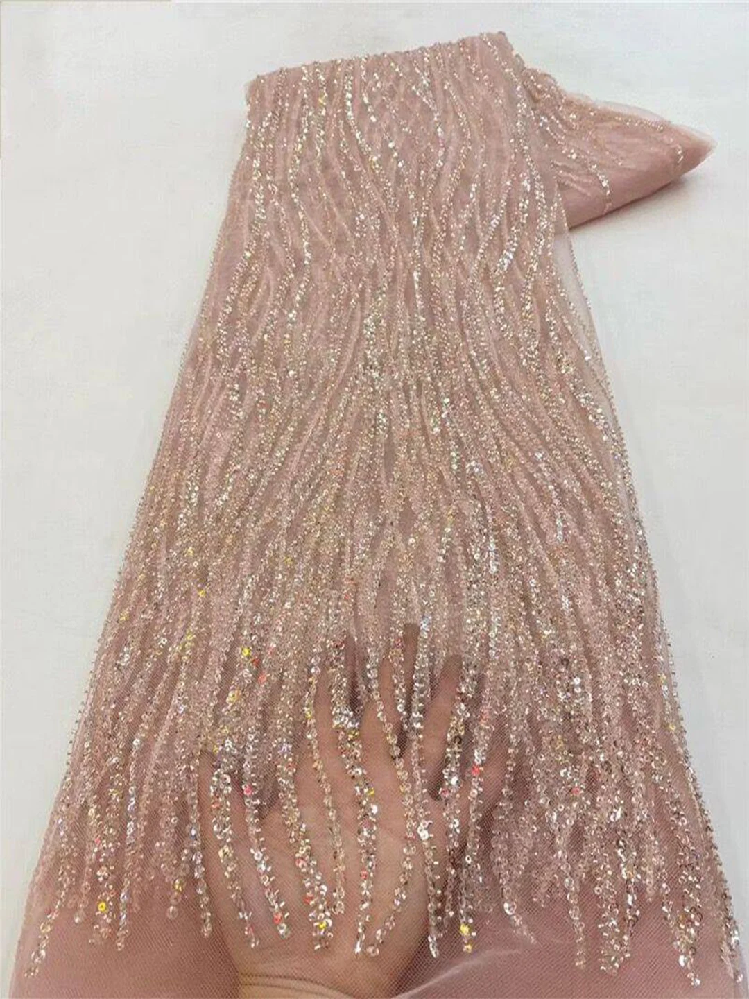 5Yards African Bridal Lace Fabric with Sequins Beaded Embroidery High Quality French Tulle for Wedding Groom Nigerian Style