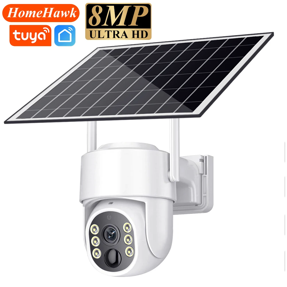 Cámara de Seguridad WiFi Solar Tuya, Inalámbrica para Exteriores, 8MP, Bajo Consumo, con Batería, PTZ, Detección de Movimiento PIR, Videovigilancia CCTV
