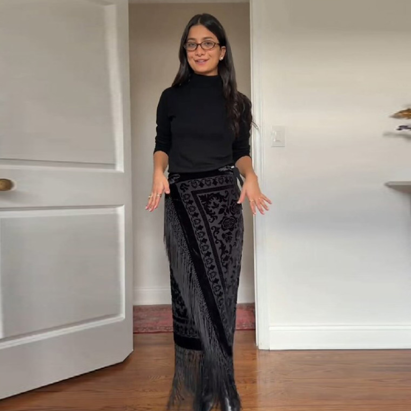 Retro Elegant Midi Skirt Luxe Black Velvet Brocade Fringe Timeless Vintage Lady Skirts Date Nights Evening Party Women Outfit