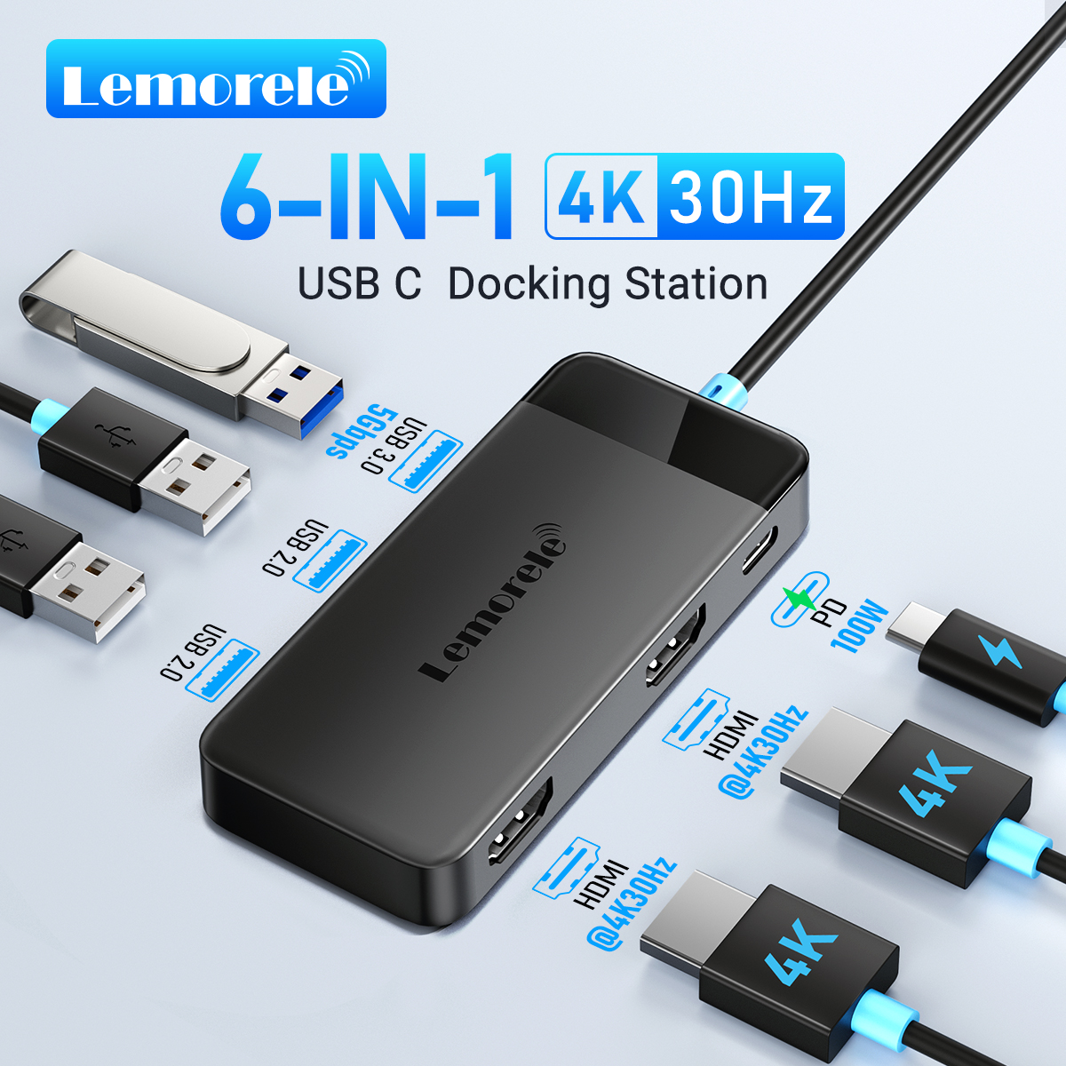 Lemorele TC122 USB C HUB Dual HDMI 4K Docking Station USB 3.0 PD 100W Type C Port for Macbook iPad M2 M1 Steam Deck