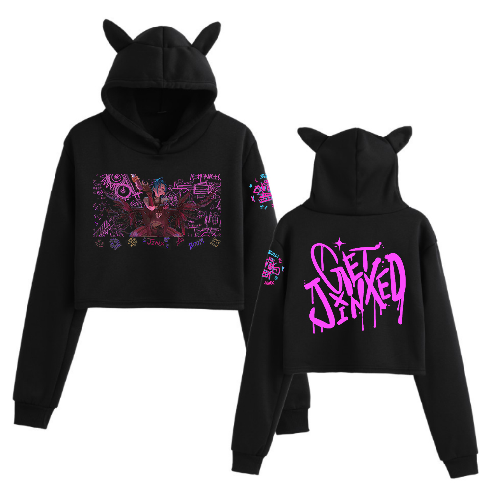 Jinx Arcane Graffiti Art Orelhas de Gato Manga Longa Crop Tops Meninas Moda Moletom Com Capuz