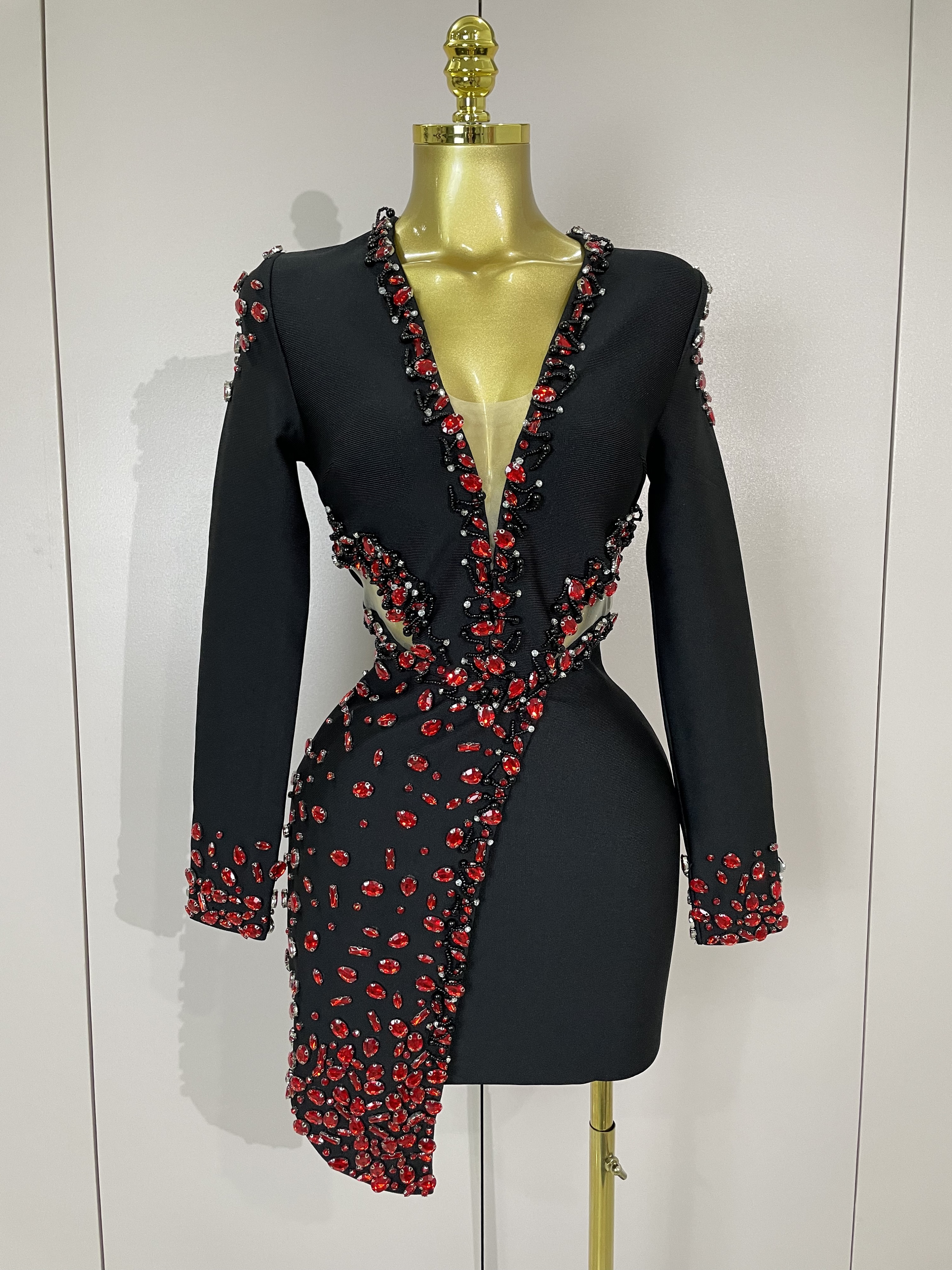 Vestido Bandage negro con diamantes de imitación y cuello en V de manga larga para mujer, vestidos elegantes de lujo para fiesta de cumpleaños y Club nocturno 2025