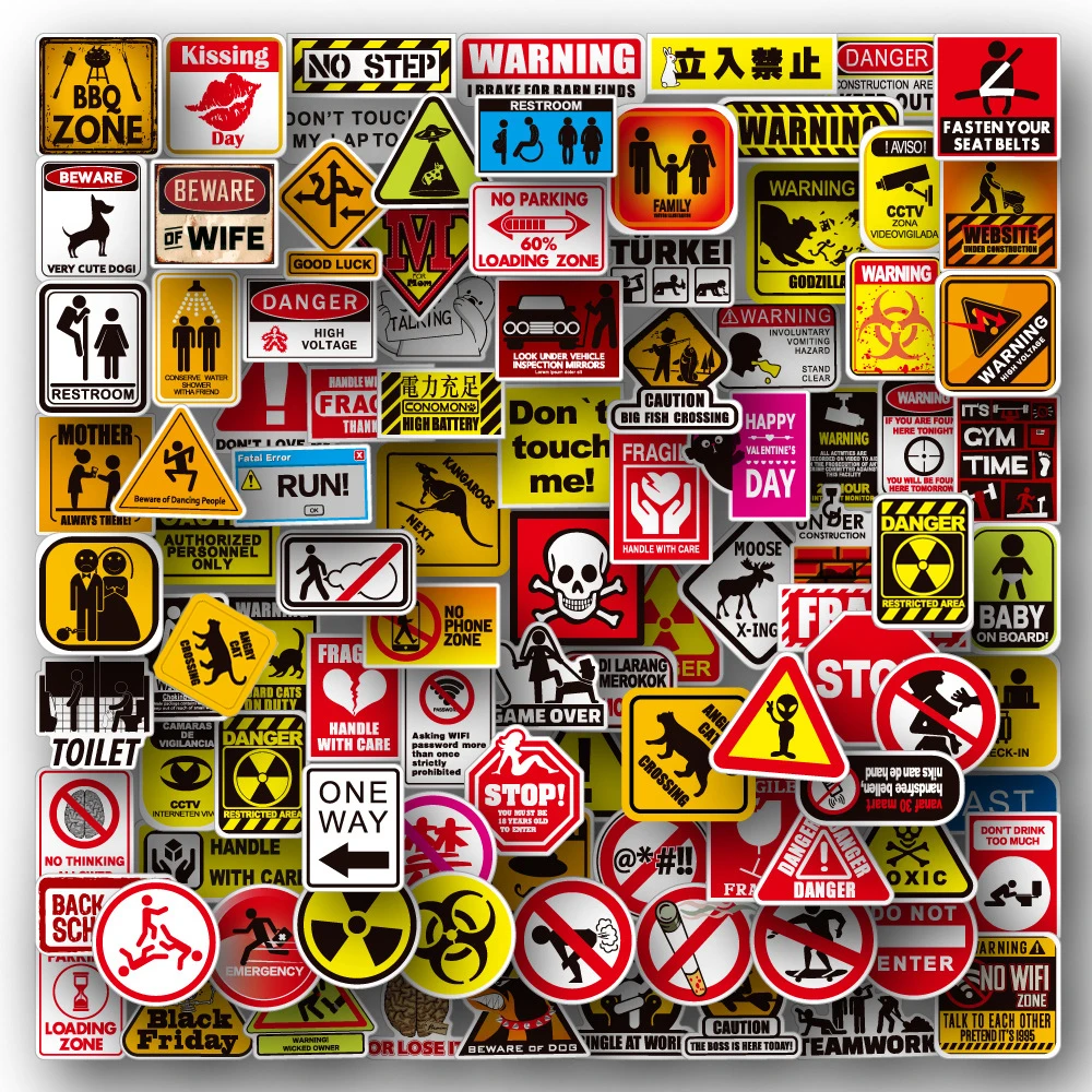 50/100 Uds pegatinas de advertencia de dibujos animados Danger Banning Skateboard guitarra portátil motocicleta coche juguete clásico pegatinas geniales