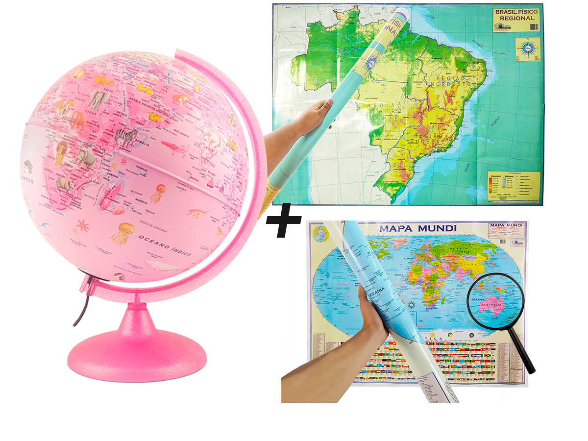 KIT Globo Pinkzoo LED with Animal Figures Brazil Map Physical Mundi Map Physics Lupa75mm