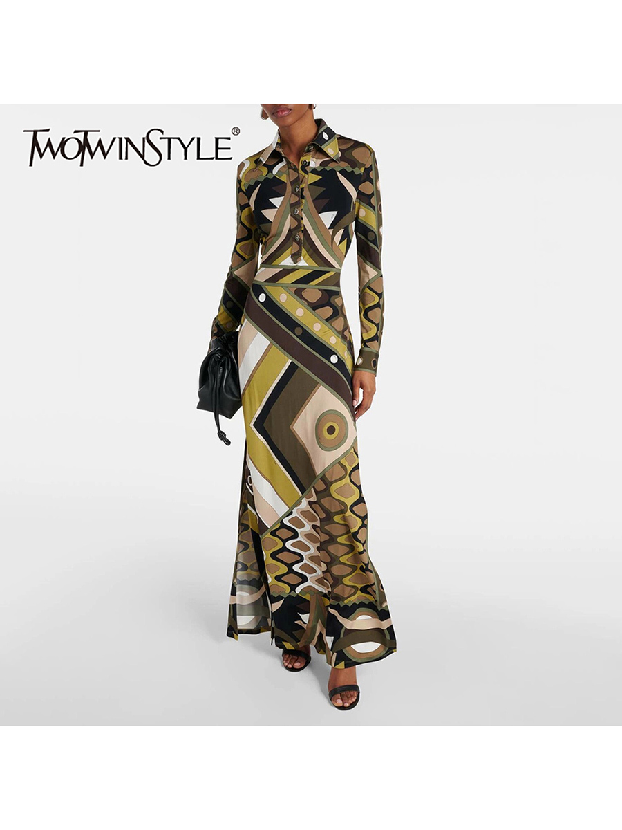TWOTWINSTYLE Hit couleur impression boutons épissés robes décontractées pour les femmes revers manches longues robe de mode femme vêtements nouveau