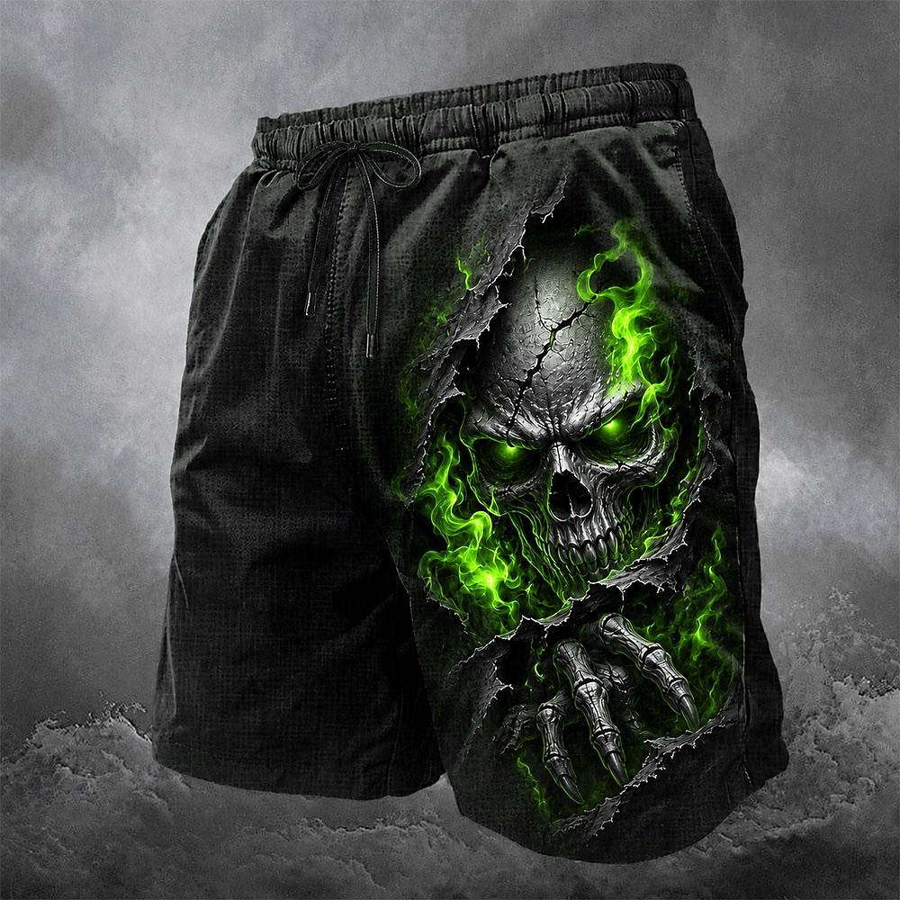 Męskie szorty na wiosnę i lato z nadrukiem 3D, czarne, z przetarciami, z motywem zielonej płomieni, czaszki i pazura, horrorystyczne spodnie w stylu streetwear.