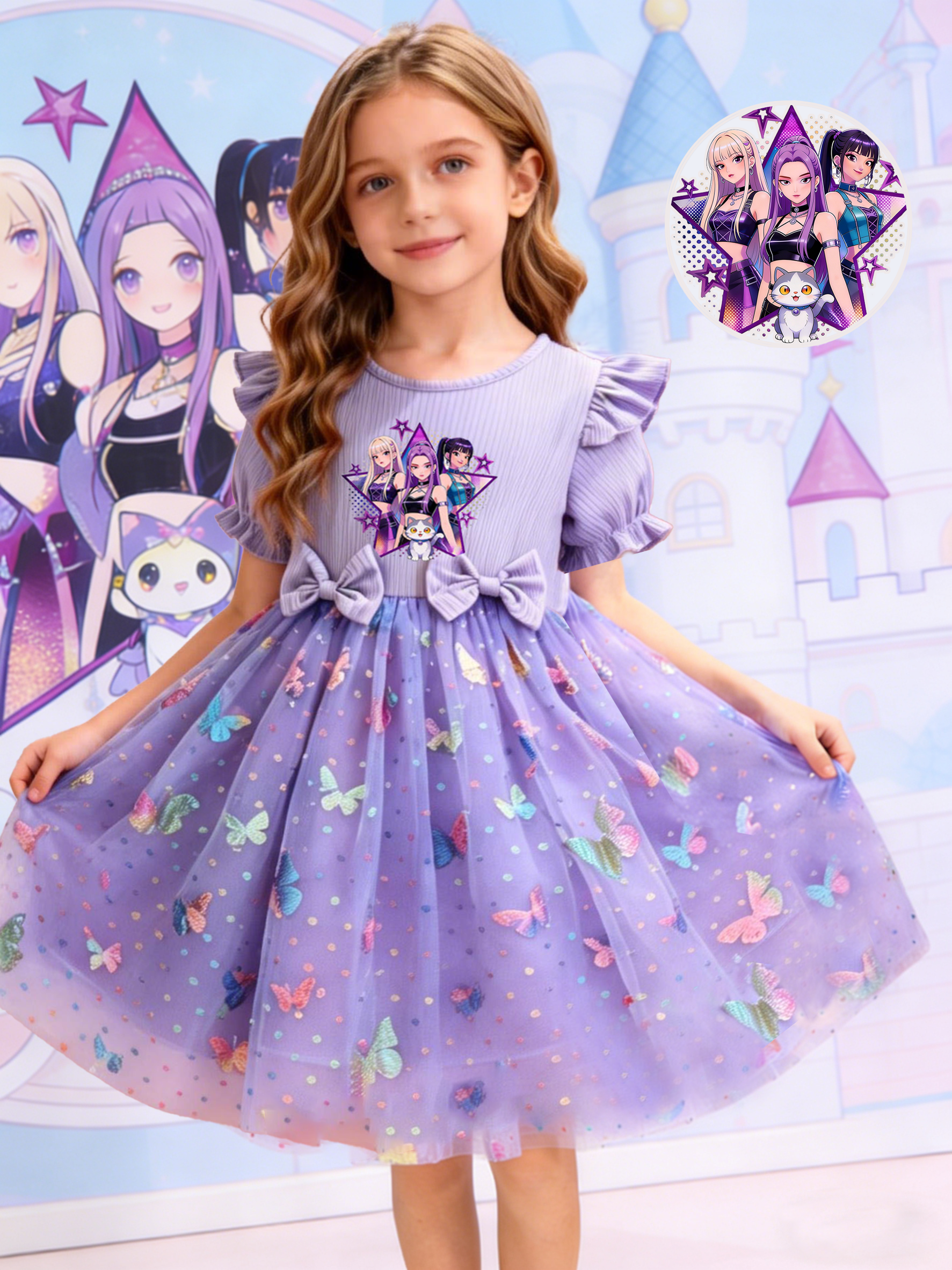 Abito da Principessa per Bambine Stile Sognante, Viola, Stampa Cartoon K-POP + Elementi di Paillettes a Farfalla Colorate