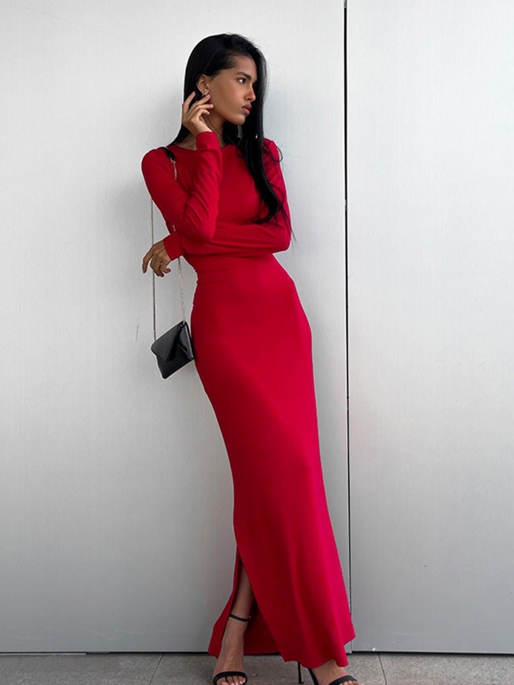 Party kleider für Frauen Mode sexy solide volle Ärmel O-Ausschnitt Split Bodycon Scheide lange Vestidos Roben weiblich elegant regelmäßig