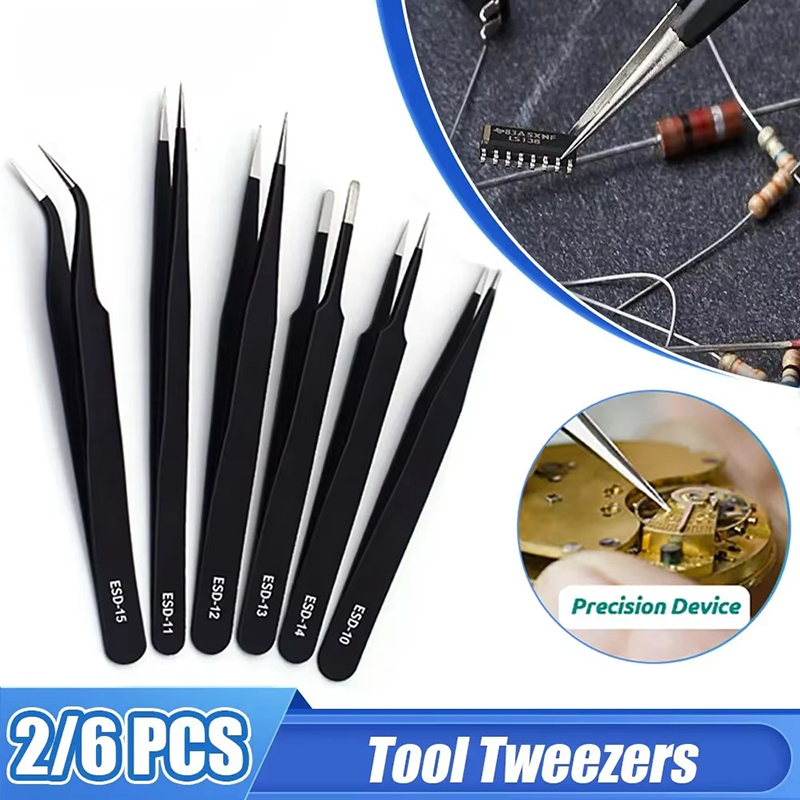 Set di 6 Pinzette Antistatiche ESD in Acciaio Inox Nero con Punta a Gomito da 1mm, Strumento di Smontaggio per Nidi d'Uccello, Manutenzione di Precisione