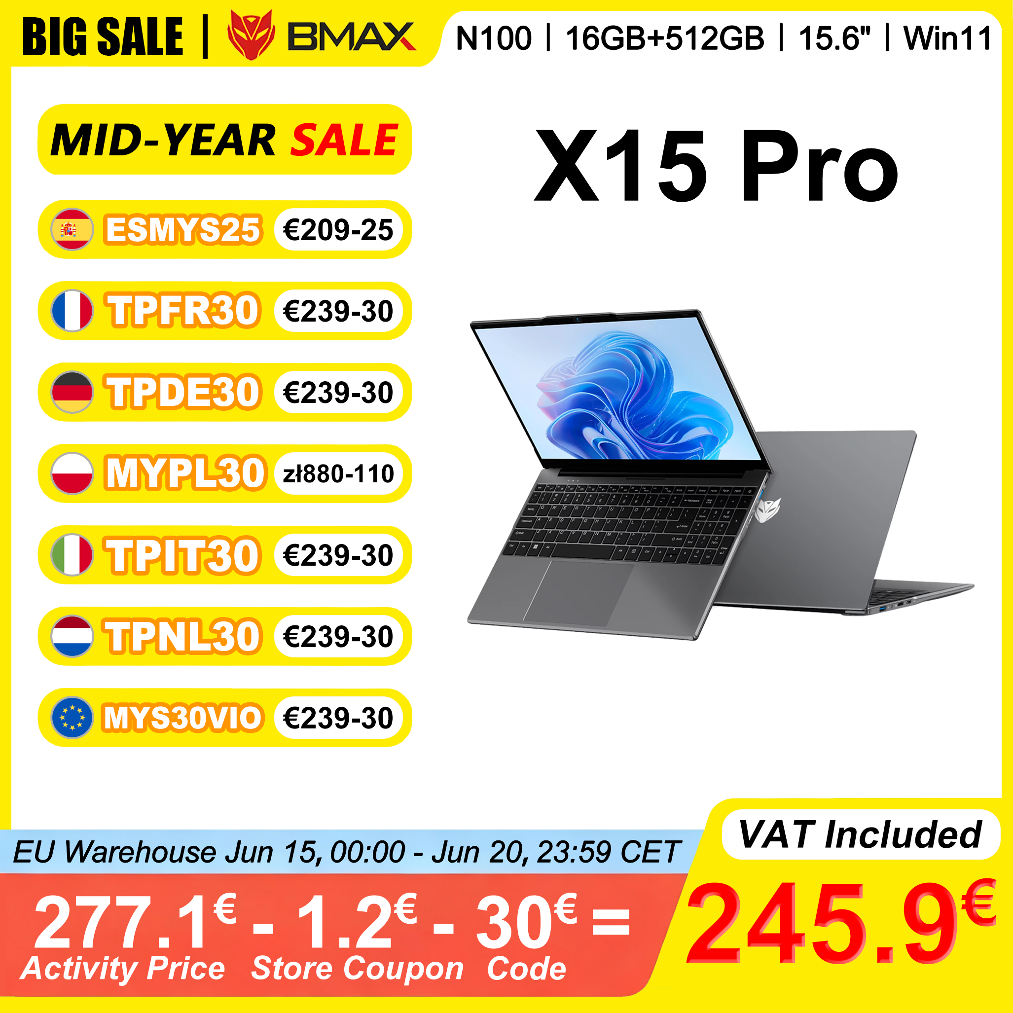 Laptop BMAX X15 Pro con 16GB di RAM DDR4, 512GB SSD, Processore Intel 12a Gen N100, Windows 11, Schermo IPS da 15.6'', Tastiera Numerica, HDMI, Wi-Fi, USB