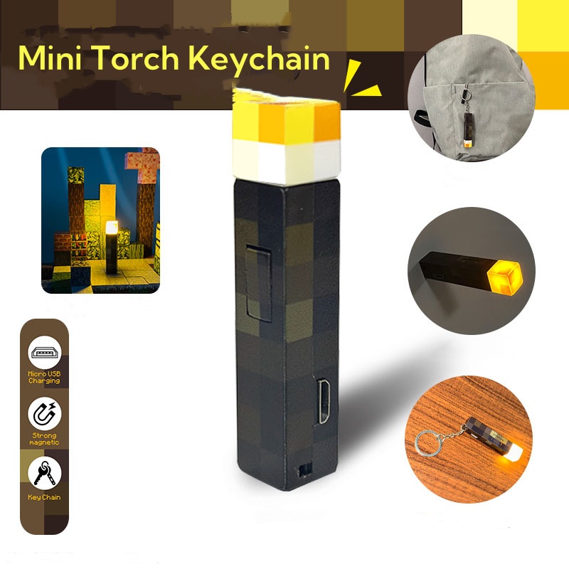 ธีมเกม My world พวงกุญแจรอบไฟฉาย LED Light USB ชาร์จ Mini ไฟฉายพวงกุญแจกระเป๋าเป้สะพายหลังจี้ของขวัญเด็ก