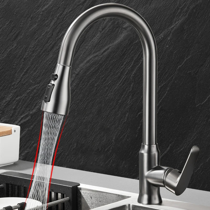 Keukenkraan uittrekbare sproeikop 360 graden rotatie warm en koud water uittrekbare zwarte en zilveren keukenkraan met één gat