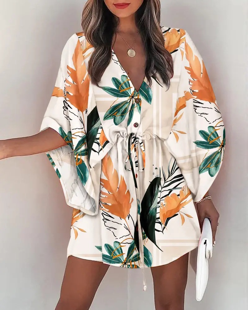 Abito estivo per donna 2024 nuova stampa floreale pipistrello mezza manica con scollo a v volant orlo irregolare abito femminile Casual Boho abbigliamento donna