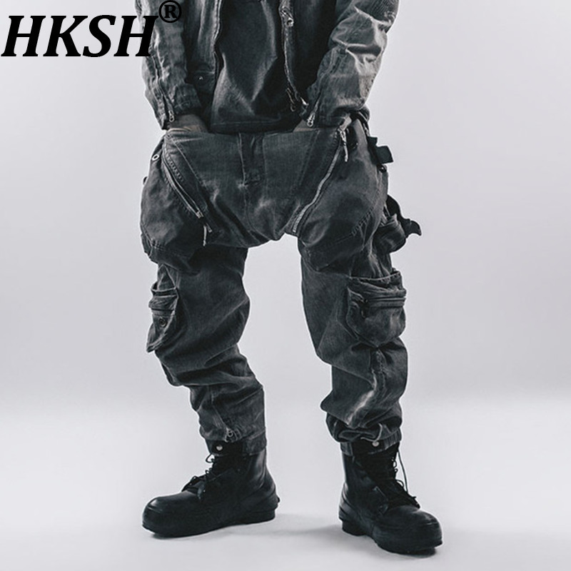HKSH primavera otoño nuevo hombre Punk Vintage residuos oscuros estilo tierra lavado sucio pantalones Cargo multibolsillos ajustable Ins Jogger HK8008