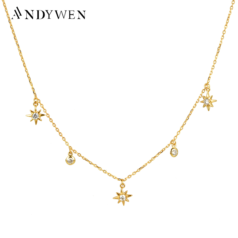 ANDYWEN-gargantilla de Plata de Ley 925 con circonita dorada, cadena de circonia cúbica, cadenas de flores y estrellas, Mini joyería de cristal de lujo 2020