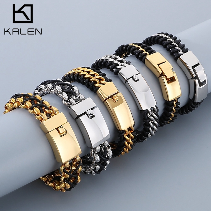 Pulseira de corrente trançada de aço inoxidável personalizada para homens, pulseira de couro punk, jóias largas, 15mm, 16mm, 17mm, 18mm, presente do encanto