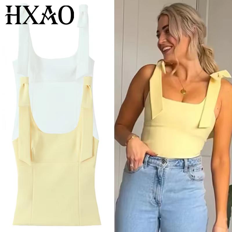 HXAO Vlinder Crop Top Vrouw Zomer Geel Wit Slip Top Leuke Strik Off Schouder Tank Top Tanks & Camis Mouwloze Backless Tops
