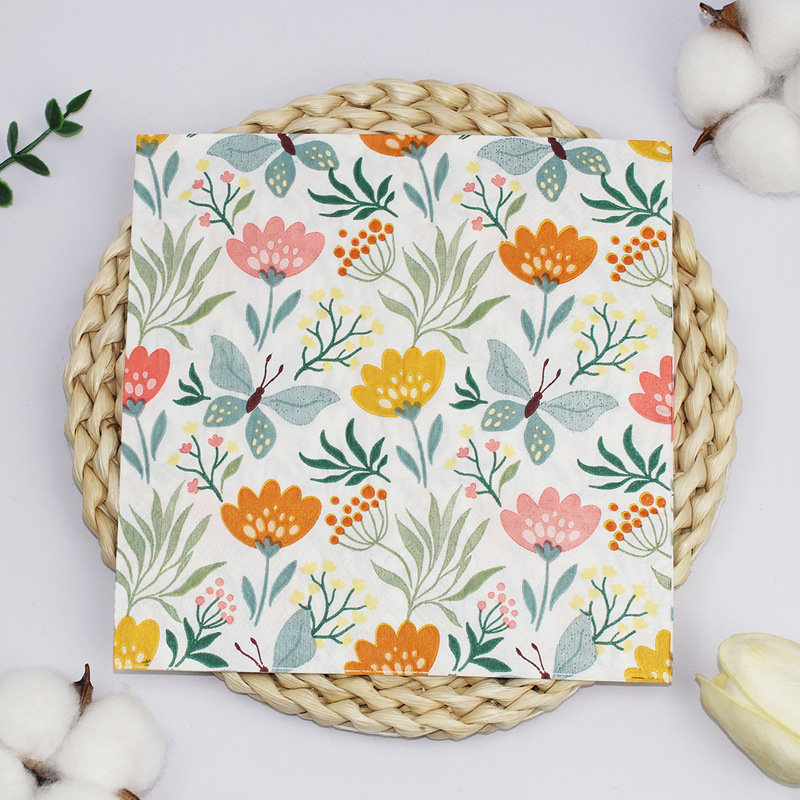 MODA Floral Butterfly Printed Napkins -Cartoon Flower Design Elegant Square Paper Napkins for Wedding,Party, Table Decoration