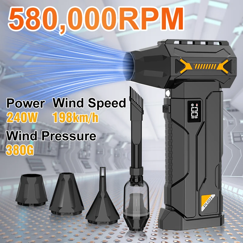 เครื่องเป่าลมเทอร์โบทรงพลัง 580000 รอบต่อนาที, เครื่องดูดฝุ่นไร้สาย, เครื่องเป่าหิมะไฟฟ้า, แรงเป่าลม 380 กรัม, ไฟ LED, ทำความสะอาดรถยนต์