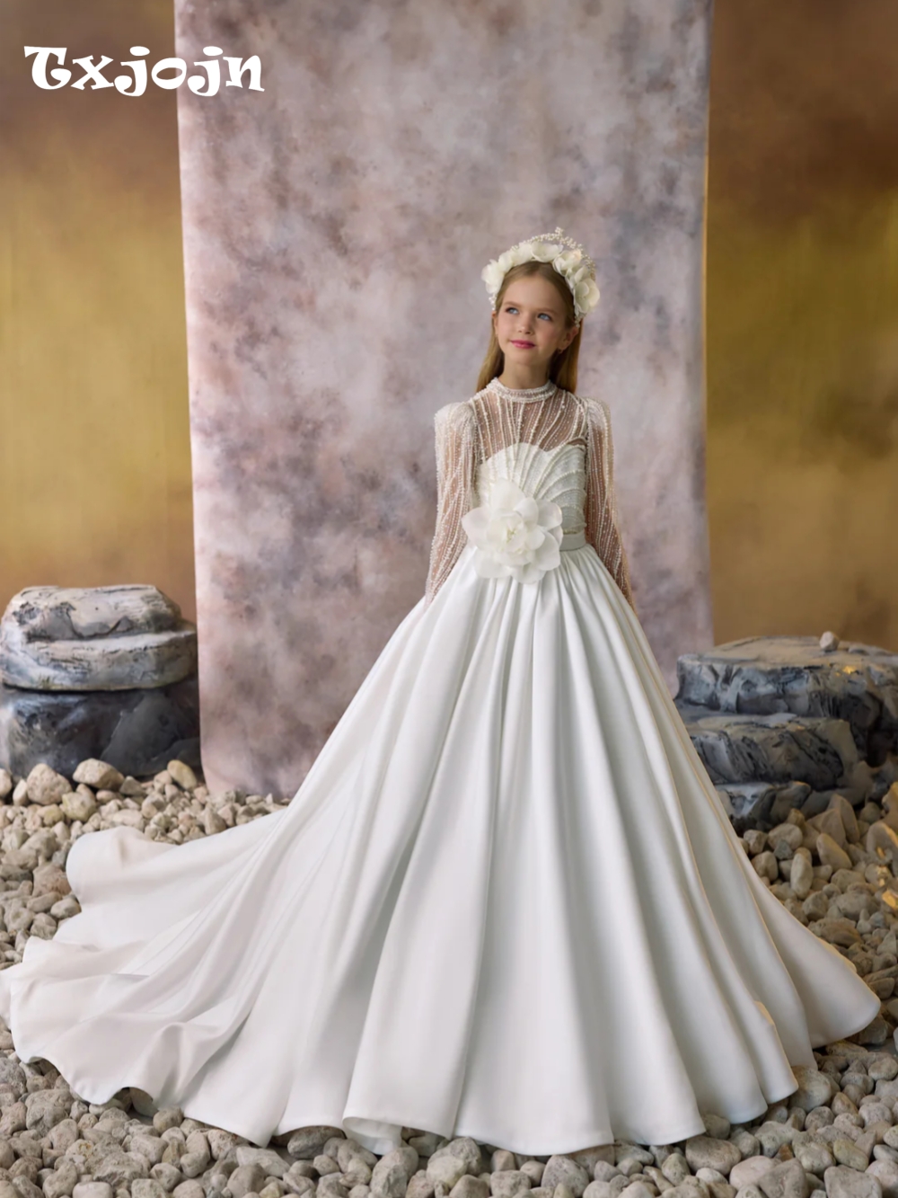 Exquisite Glitter Pearls Princess Gown With 3D Flower For Girls Birthday Cute New Graceful Bow Kids Dresses A-line Satin Long