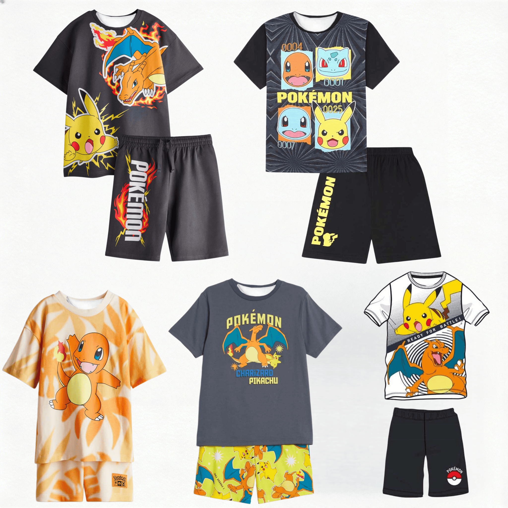 T-shirt e pantaloncini stampati in 3D Pokémon Charmander Pikachu - Set pigiama casual estivo per ragazzi e ragazze, coordinato per la famiglia