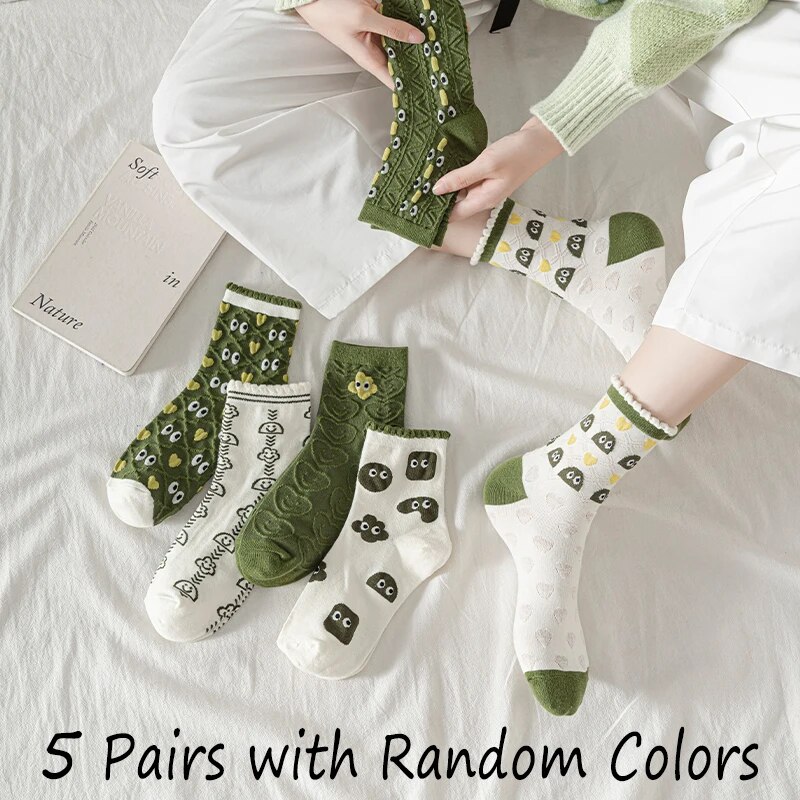 5 pares de meias femininas primavera e verão quatro estações verdes divertidos olhos personalizados desenhos animados confortáveis meias de cano médio