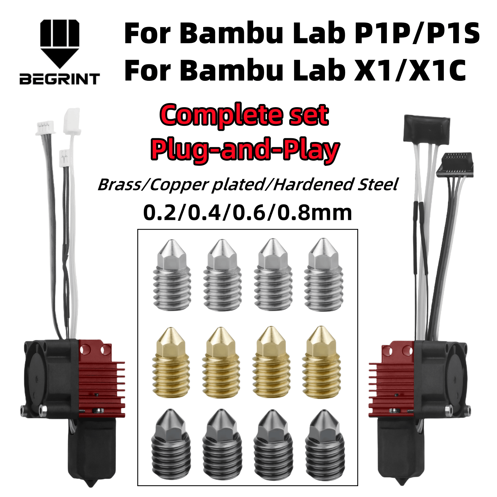 Полный блок Hotend в сборе Hotend для Bambu Lab X1 X1C P1P P1S с обновлением вентилятора 2.0 с насадкой Полный Bamboo Lab X1 Carbon