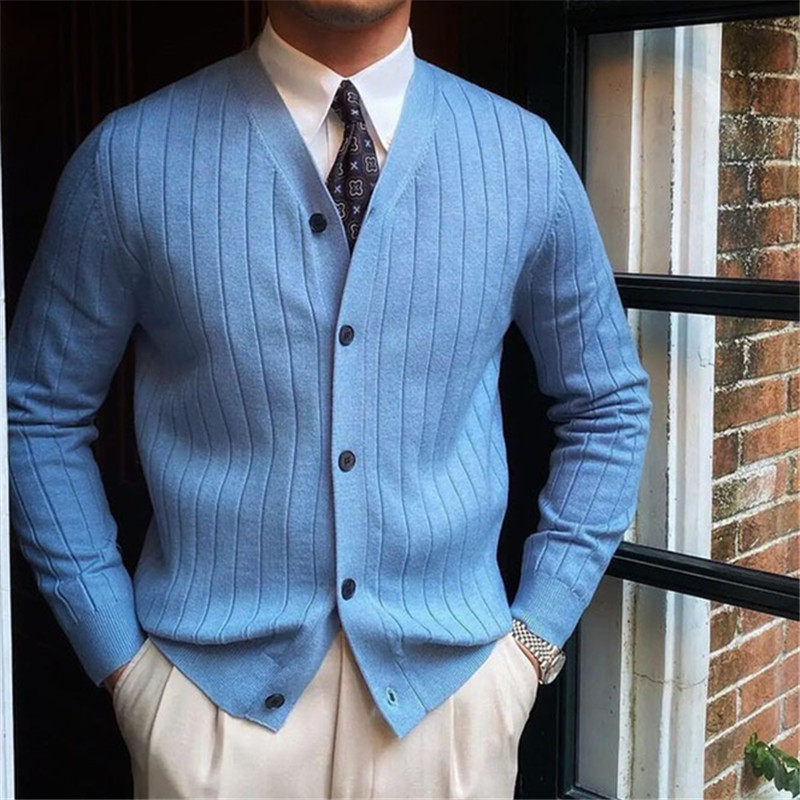 Outono inverno masculino negócios casual com decote em v cardigan cor sólida malha sweatercoat masculino fino ajuste manga longa camisola de malha topos